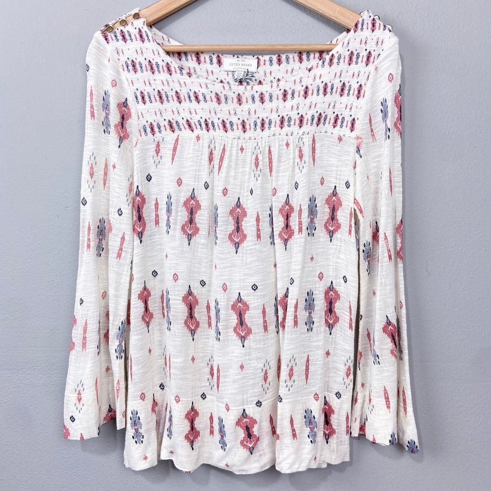 Lucky Brand Knit Peasant Top Sz S Button Shoulder Ivory Cream Boho Southwestern